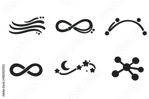 Conceptual Flow Icons. Solid style icons of conceptual flow: word stream, looping thread, paragraph arc, infinity loop, dreamline,
