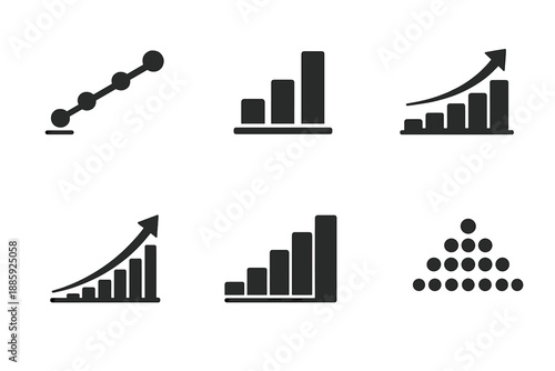 Measured Evolution Icons. Solid style icons of measured evolution: point sequence, minimal grid, skyline arc, line rise, gradient