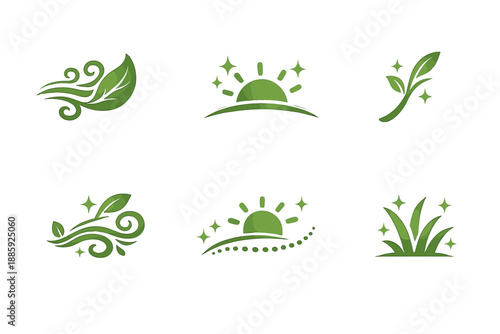 Airy Renewal Icons. Solid style icons of airy renewal: windleaf mark, horizonarc glow, stem curve, breezy loop, sun trace, light