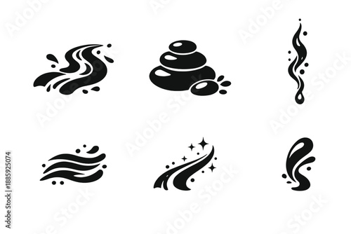 Organic Motion Icons. Solid style icons of organic motion: stream curve, smooth stone, water thread, mist line, glow path, fluid