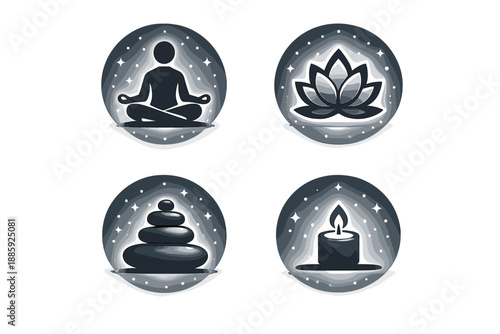 Serene Focus Icons. Solid style icons of serene focus: centered frame, quiet glow, balanced circle, smooth outline, tranquil beam,