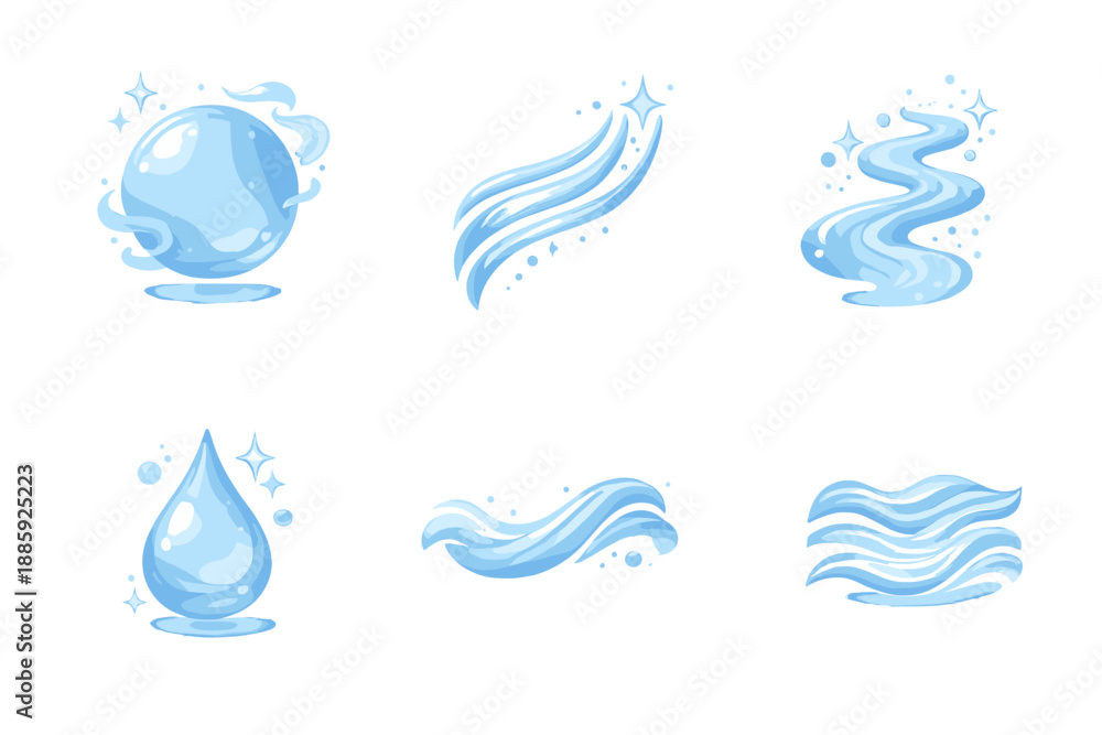Fototapeta premium Subtle Balance Icons. Solid style icons of Subtle Balance: mist orb, curved trace, drifting path, bright droplet, fluid line,