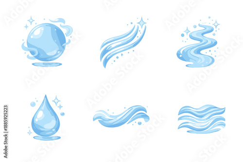Subtle Balance Icons. Solid style icons of Subtle Balance: mist orb, curved trace, drifting path, bright droplet, fluid line,