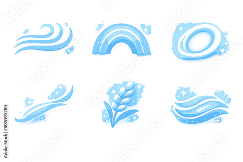 Subtle Rhythm Icons. Solid style icons of Subtle Rhythm: air pulse, sky arch, glowing loop, curved thread, luminous grain, calm