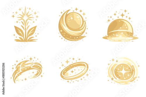 Subtle Power Icons. Solid style icons of Subtle Power: radiant stalk, veiled circle, hidden light, energy arc, glow loop, soft