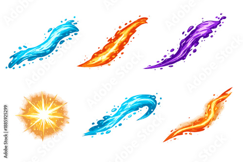 Energetic Motion Icons. Solid style icons of Energetic Motion: river beam, ember trail, liquid streak, radiant pulse, flowing arc,