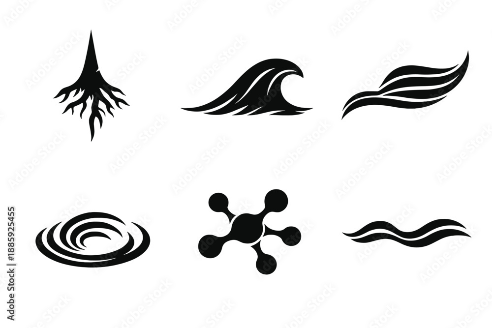 Fototapeta premium Deep Flow Icons. Solid style icons of Deep Flow: root spike, wave curve, flowing thread, ripple arc, organic node, deep line No