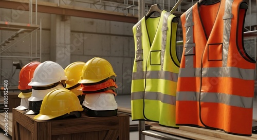 Essential safety gear a display of various colored hard hats alongside high-visibility reflective vests, ready for use on a bustling construction site, emphasizing workplace safety standards