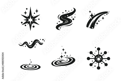 Hidden Resonance Icons. Solid style icons of Hidden Resonance: flare pulse, dust veil, sound thread, glowing arc, subtle ripple,