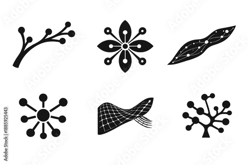 Living Systems Icons. Solid style icons of Living Systems: branch arc, signal petal, luminous thread, data node, flowing mesh,
