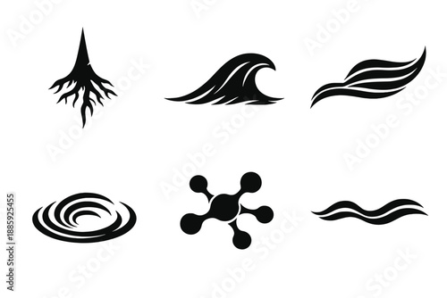 Deep Flow Icons. Solid style icons of Deep Flow: root spike, wave curve, flowing thread, ripple arc, organic node, deep line No