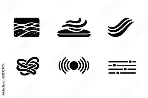 Calm Structural Icons. Solid style icons of Calm Structure: echo grain, wind plate, flowing arc, textured thread, soft pulse,