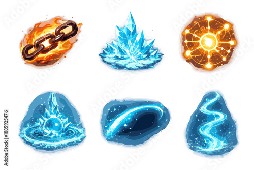 Elemental Balance Icons. Solid style icons of Elemental Balance: flare chain, ice field, radiant node, frozen ripple, glowing arc,
