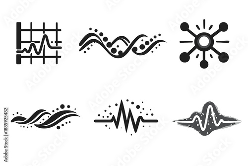 Glowing Audio Icons. Solid style icons of Audio Flow: trace grid, sound lace, glowing node, flowing thread, pulse arc, luminous