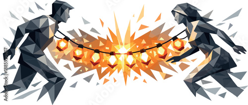 Interactive Garland Brightness. Low-poly vector illustration focused on an interactive garland reacting to human closeness by