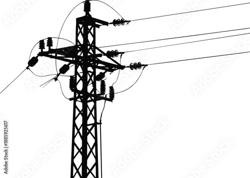 High voltage electricity transmission tower vector illustration with ceramic insulators and overhead power lines isolated on white background