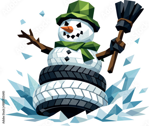 Eco Snowman Vector. Low-poly vector illustration focused on a sustainable snowman made of reused car tires painted with eco paint,