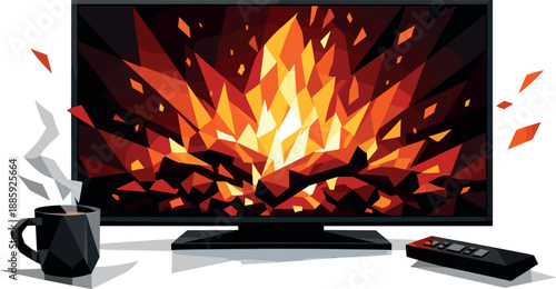 Modern Polygonal Fireplace. Low-poly vector illustration focused on an 8K virtual fireplace shown on a television as a modern