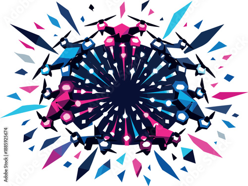 Drone Light Spectacle. Low-poly vector illustration focused on a pollution-free firework alternative using coordinated LED drones,