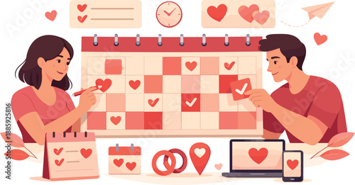 Couple Planner Design. Modern love planning illustration expressing togetherness through shared calendars, aligned tasks, and