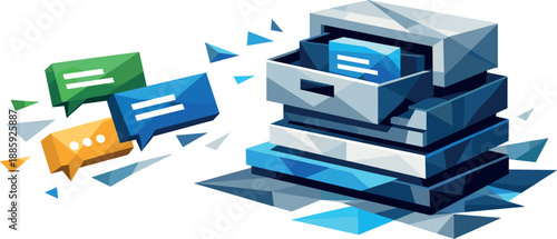 Polygonal Archive System. Low-poly vector illustration focused on a chat archive system for long-term message storage, polygonal