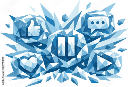 Frozen Digital Pause. Low-poly vector illustration focused on freezing social media usage as a conscious reset, angular polygonal