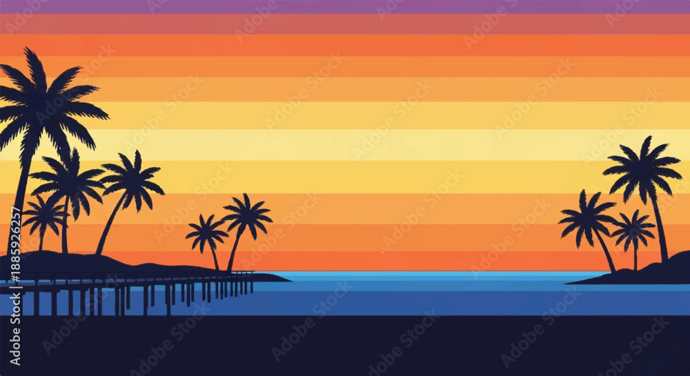 Obraz premium Serene tropical beach landscape with palm trees at sunset viewed from a pier