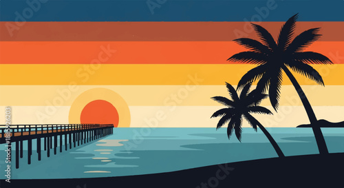 Serene ocean sunset with pier and palm trees on the shoreline, viewed from a nearby hill