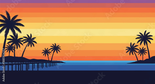 Serene tropical beach landscape with palm trees at sunset viewed from a pier
