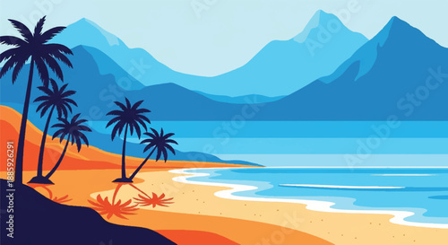 Serene beach scene with palm trees, mountains, and ocean waves from a distant viewpoint