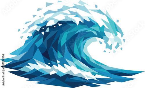 Abstract Ocean Wave. Low-poly vector illustration focused on a dynamic ocean wave in motion, faceted polygonal geometry with sharp