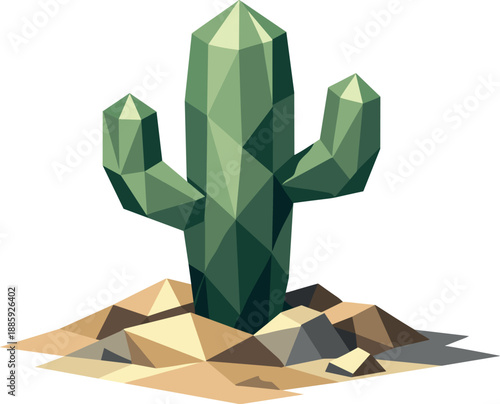 Geometric Cactus Art. Low-poly vector illustration focused on a stylized cactus rooted in desert ground, polygonal geometric style