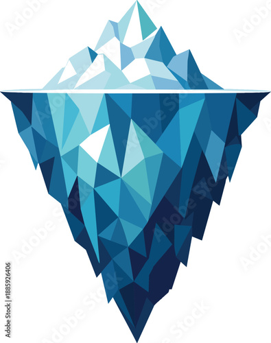 Geometric Iceberg Art. Low-poly vector illustration focused on a conceptual iceberg showing its hidden underwater scale, polygonal