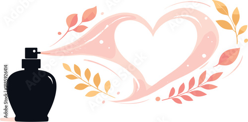 Perfume Heart Silhouette. Perfume bottle silhouette emitting a mist trail forming a subtle heart outline with botanical leaves
