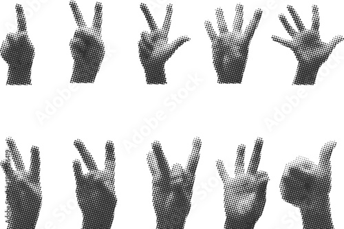 A big set of hands. Trendy halftone style for collages. Modern vector illustration.