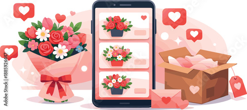 Valentine Flower Order. Online flower ordering scene with smartphone product tiles, delivery box, and heart notification badges