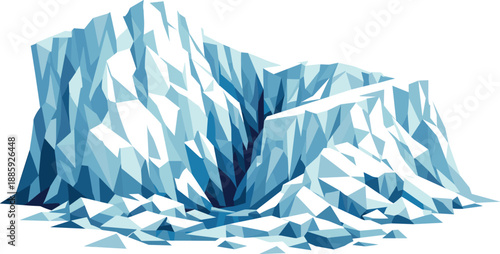 Geometric Glacier Majesty. Low-poly vector illustration focused on a massive glacier formation, polygonal geometric style with