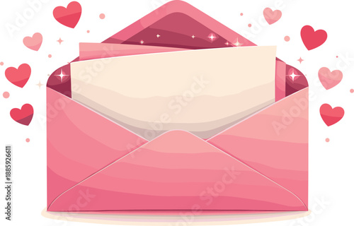 Valentine's Envelope Mockup. Open envelope mockup with layered paper insert peeking out, floating heart confetti and soft glow
