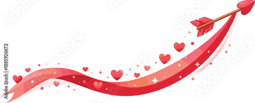 Cupid's Heart Trail. Cupid arrow ribbon trail sweeping in a smooth arc across the background leaving tiny hearts and sparkle dots