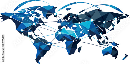Polygonal Global Connectivity. Low-poly vector illustration focused on a global connectivity map, polygonal geometric style with