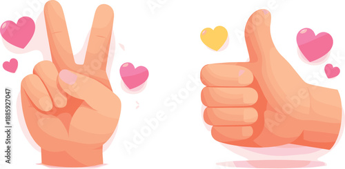 Cute Gestures Valentine. Peace sign hand and thumbs-up hand paired side by side with heart sticker accents and subtle glow,