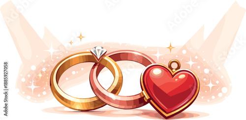 Elegant Romantic Symbols. Interlocked rings and a heart locket icon paired with sparkle dust and soft spotlight beams for an