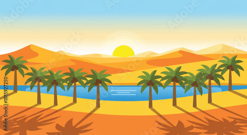 Serene desert landscape with palm trees and a river at sunset, viewed from a distance with mountains in the background
