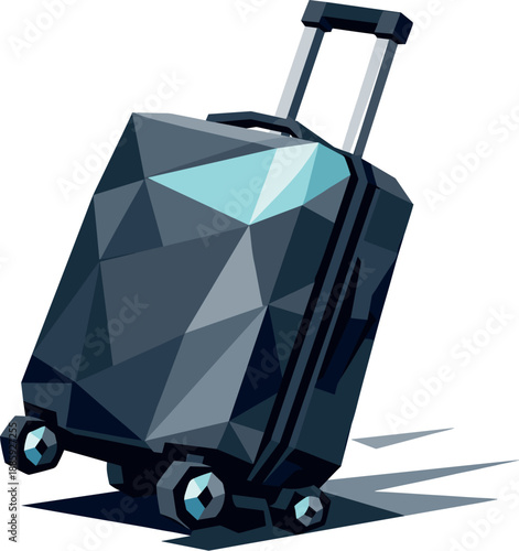 Geometric Suitcase Design. Low-poly vector illustration focused on a modern rolling suitcase viewed from a three-quarter angle,