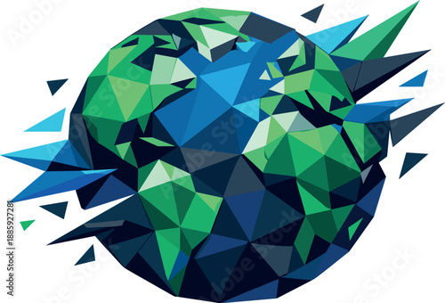 Abstract Global Connections. Low-poly vector illustration focused on an abstract global Earth concept, polygonal geometric style