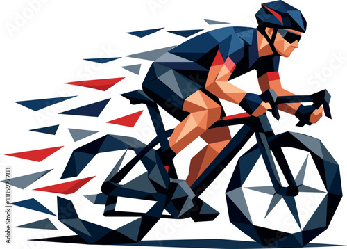 Polygonal Cyclist Illustration. Low-poly vector illustration focused on a cyclist in motion, polygonal geometric style with sharp