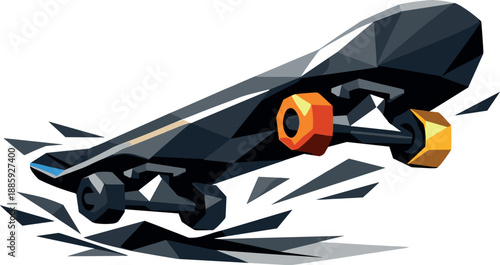 Geometric Skateboard Icon. Low-poly vector illustration of a modern skateboard icon symbolizing speed, creativity, and urban