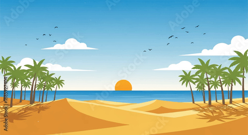 Serene beach scene with palm trees and sand dunes at sunset over the ocean