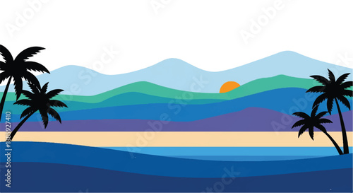 Serene beach landscape with palm trees at sunset viewed from a calm sea