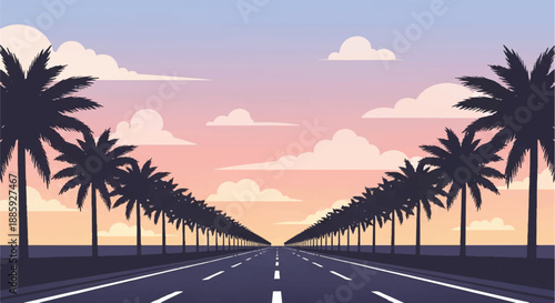 A serene highway lined with palm trees at sunset with a vibrant sky